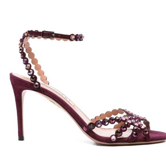 Aquazzura Tequila 85 crystal-embellished suede sandals in Blackberry Size 38/8 - Picture 4 of 8